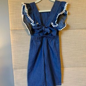 Boho baby Chambray Tie back romper w/ crochet trim